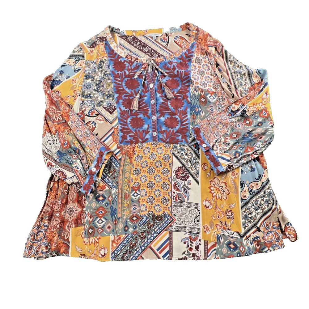 NWT John Mark 3X Blouse Boho Patchwork Flowy Embroidered Tassel Tie Peasant Top